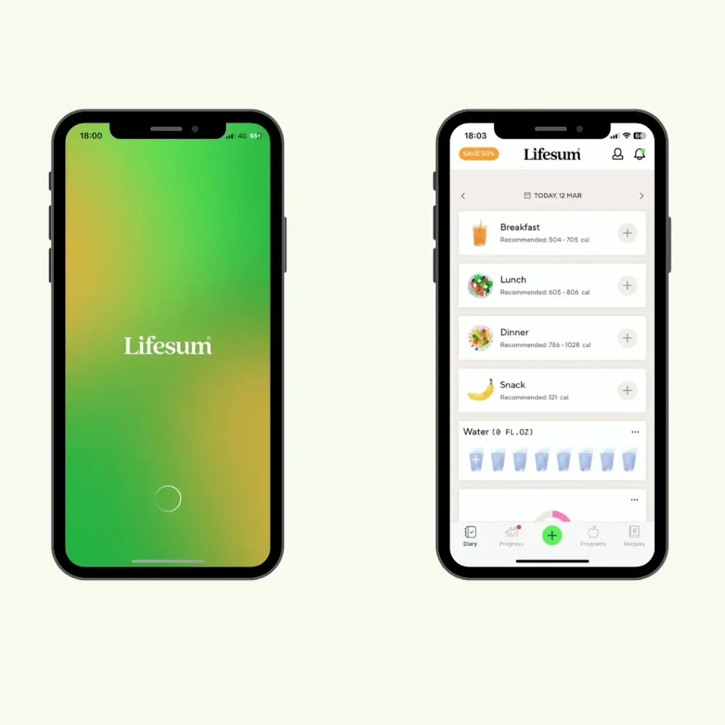 Lifesum free vs premium app interface showing meal tracking and water intake.
